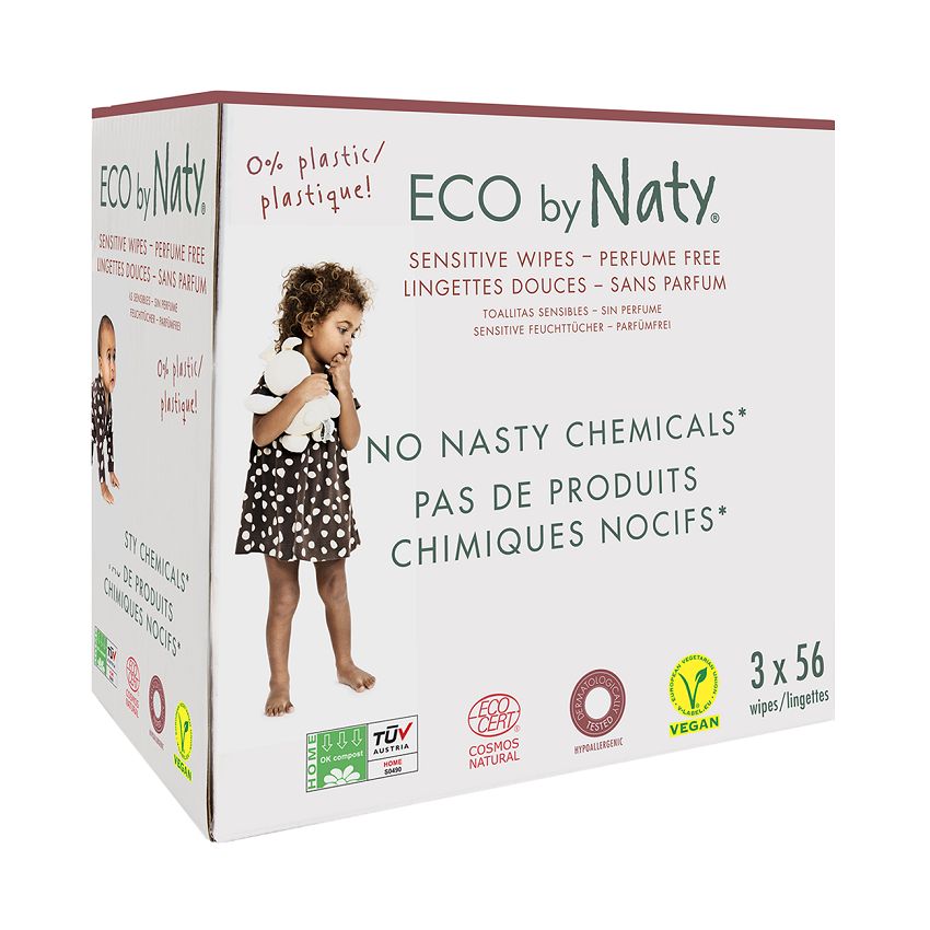 E-shop Naty ECO vlhčené ubrousky bez vůně - pro citlivou pokožku - výhodné balení 3 x 56 ks